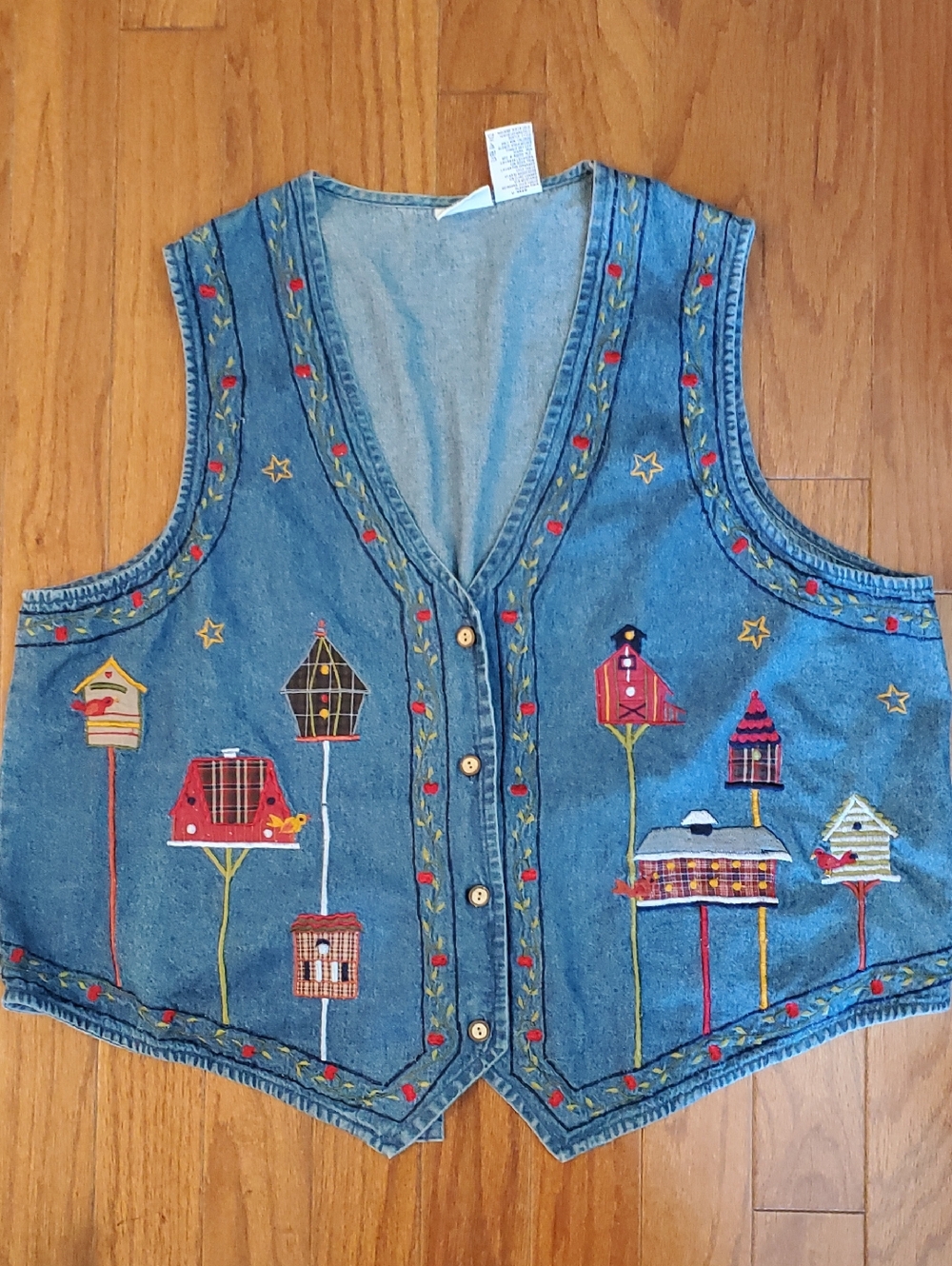 Bobbie Brooks Woman Denim Vest 22/24W Bird House Embroidered Back tie